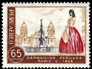 Lima Cathedral and Woman in traditional Costume