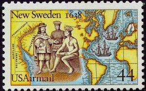 Settler, Two Indians, Map of New Sweden, & Swedish Ships