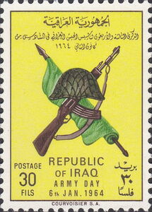 Steel helmet, rifle, rolled flag