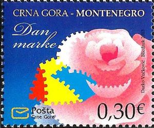 Stylized Composition with Rose and Multi-Colored Stamps