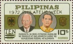 1965 Luebke visit overprinted and surcharged 10s on 6s