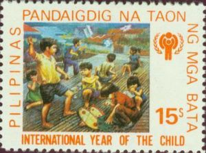 Children playing and IYC emblem - Painting by Rod Dayao