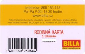 BILLA - Bonus club - RODINN脕 KARTA - Family Card
