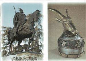 Tirana/Vienna. Skanderbeg monument (Tirana) & his Headpiece (Vienna Museum)