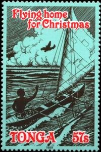 Tongan in outrigger canoe, aircraft