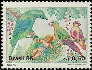 Christmas Birds Around Jesus Crib