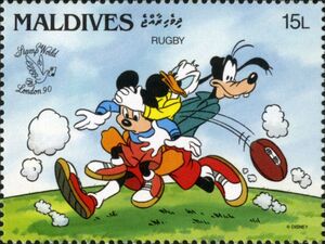 Donald Duck, Mickey Mouse, Goofy playing Rugby