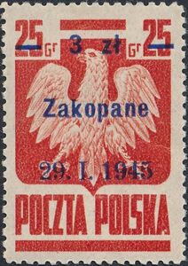 Polish Eagle, Surcharge 3z on 25g Zakopane 29.1.1945