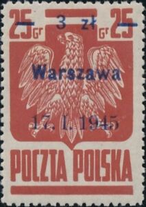 Polish Eagle, Surcharge 3z on 25g Warszawa 17.1.1945