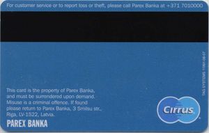 Tarjeta Banco: Cirrus Card (Parex Bank, Letonia) Col:LV-MS-0027-2,TAG