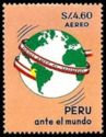Peru on a globe encircled by banner in national colors