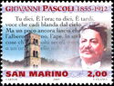 Bell tower and portrait of Giovanni Pascoli