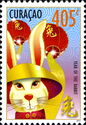Rabbit in Chinese costume with balloons