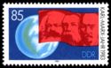 Globe and Banner Portraying Marx, Engels and Lenin
