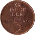 5 Mark (20th Anniv. of the founding of the GDR 1949-1969 - Error: Mongolian edge)
