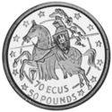 70 Ecu (50 Pounds. Knight on horseback jumping lef)