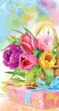 Happy March 8! Tulips in a wicker basket, gift box