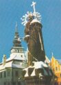 Pelhřimov. Fountain with St.Jacob Statue. Tower of Dean's Church