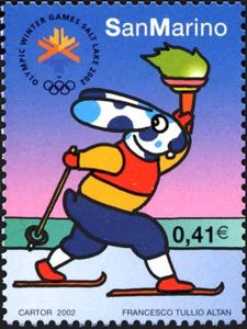 Stamp: Rabbit with blue spots skiing (San Marino(Winter Olympic Games ...