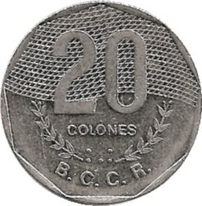 Coin: 20 Colones (incuse on ribbons) (Costa Rica) (1950~Today - Banco ...