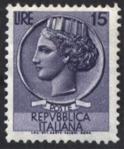 Stamp: Coin of Syracuse - Wmk. Stars II 65° (right) (Italy(Coin of ...