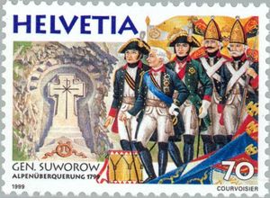 Stamp: FM Aleksandr Suvorov (1730-1800) with soldiers & monument ...