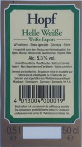 Hopf Label Drink Label: Hopf Helle Weisse (Weißbierbrauerei Hopf, Germany, Federal ...