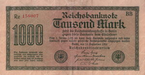 Banknote: 1,000 Mark (Germany(1922 3rd Issue - Reichsbanknote, Republic ...