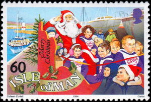 Stamp: Father Christmas and majorettes in a sleigh, Port St. Mary (Isle
