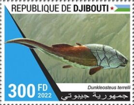 Stamp: Prehistoric water animals - Dunkleosteus terrelli (Djibouti