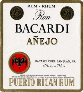 Drink Label: Ron Bacardi Añejo Puerto Rican Rum (Bacardi Corp. of