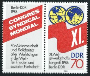 Stamp: Globe & Red Mottoe Ribbon (Germany, Democratic Republic (DDR ...
