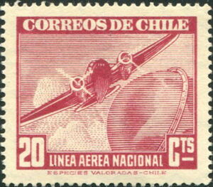 Stamp: Plane and Globe (Chile(Air Mail Type 1941) Mi:CL 257,Sn:CL C55 ...