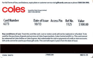 Gift Card: Coles Gift card red (Coles CS, Australia(CS Corporate series)  Col:AU-CS056-DA0713-100-1310 💳