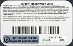 Gift Card: Pokemon Diamond (Target, United States of America(Reservation card) Col:US-TA-1019-0704 Gift Card: Pokemon Diamond (Target, United States of America(Reservation card) Col:US-TA-1019-0704