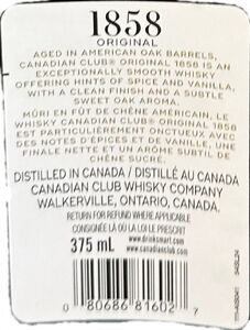 Drink Label: Canadian Club 1858 Original (Canadian Club Whisky Co ...
