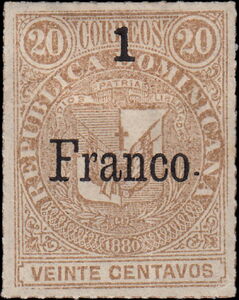 Coat of arms surcharged 1Fr on 20c (inscr. "Franco")