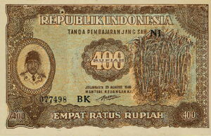 Billete de Banco: 400 Rupiah (Indonesia(Emisión de 1948) Wor:P-35a