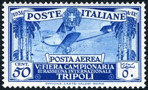 Timbre: Biplane flying over the desert (Tripolitaine(5th Sample Fair of ...