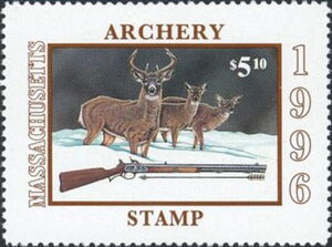 Deer in snow, rifle and arrow