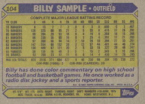 Sports Card: #104 Billy Sample (1987) (Baseball, North America(1987 ...
