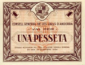 未使用　アンドラ大公国　1936年　茶色1ペセタ　P-6 Cédulas: 1 Pesseta (Andorra(1936 Second Issue) Wor:P-6 💴