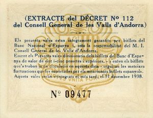 未使用　アンドラ大公国　1936年　茶色1ペセタ　P-6 Cédulas: 1 Pesseta (Andorra(1936 Second Issue) Wor:P-6 💴