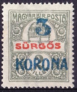 Blue '3 korona' overprint