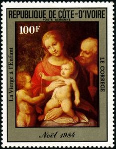 Stamp: The Virgin and Child by Correggio (Ivory Coast(Christmas 1984