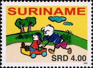 Boy pushes carts with girl