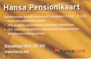 Bank Card Hansa Pensionikaart Hansapank Estonia Col Ee Gm 0098