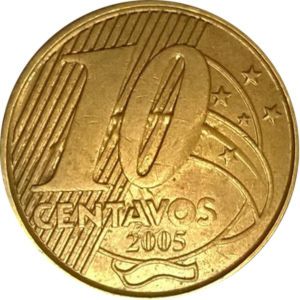 10 Centavos ("T" partially inside stripes) Pedro I
