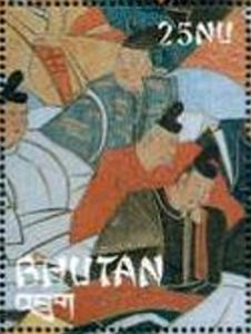 Poets with white, light blue, red and black kimonos