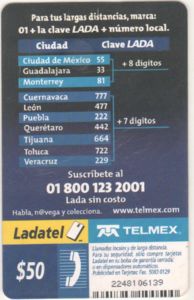 Phonecard Lada Tu Linea Al Mundo Telmex Ladatel Mexico 07 Telmex Llamadas Internacionales Estados Unidos Col Mx Tel P 1023c